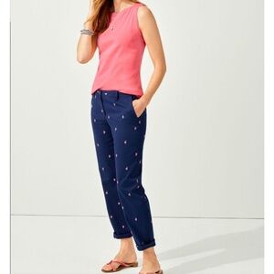Talbots relaxed chinos cropped. Navy with embroidered pink flamingos. Size 14.